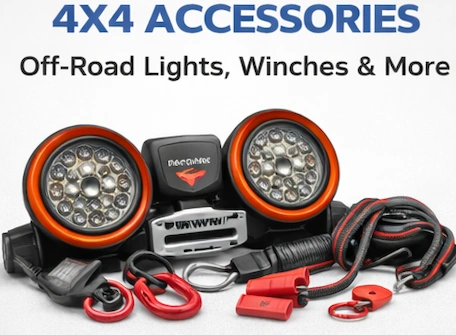 4x4 truck accessories category banner featuring off-road lights, winches, and recovery gear