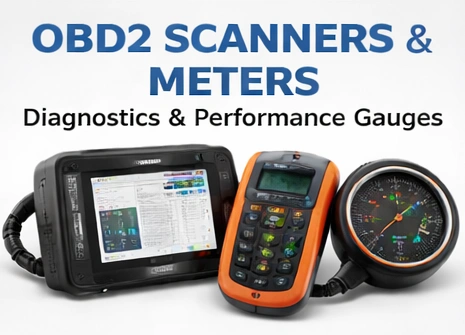 OBD2 scanners and meters category banner featuring diagnostic scan tools and performance gauges