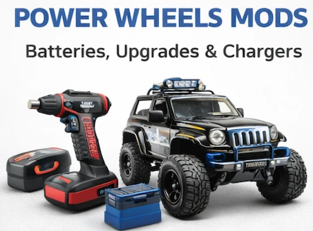 Power Wheels mods category banner featuring batteries, upgrades, and chargers for custom Power Wheels builds