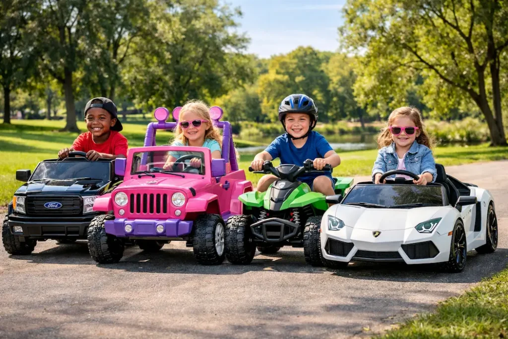 Kids driving Power Wheels ride-on vehicles in a park (truck, Jeep, ATV, and sports car)