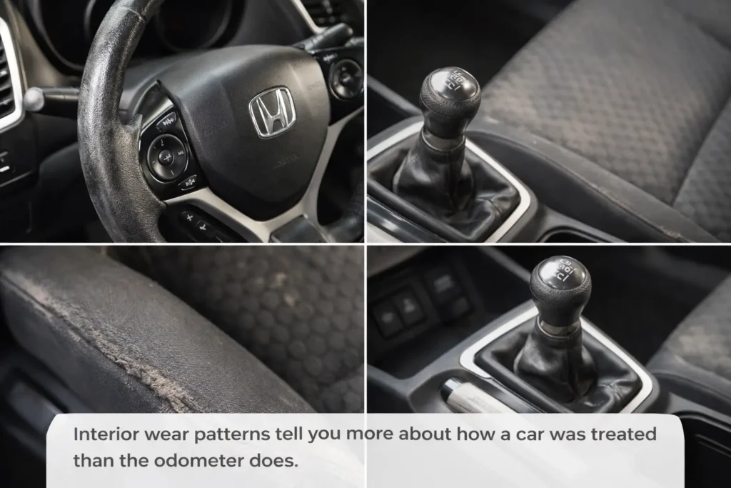 2012–2017 Honda Civic high mileage interior inspection showing steering wheel, seat bolster, and shifter wear.