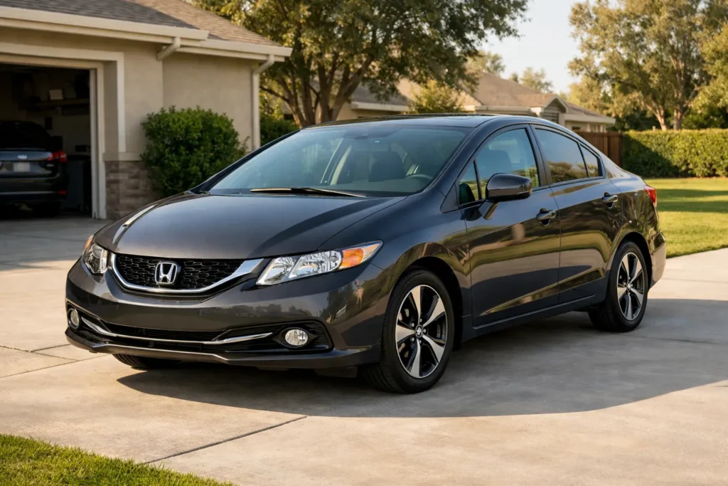 Clean 2015 Honda Civic sedan parked in a suburban driveway on a sunny day viewed from a front three-quarter angle.